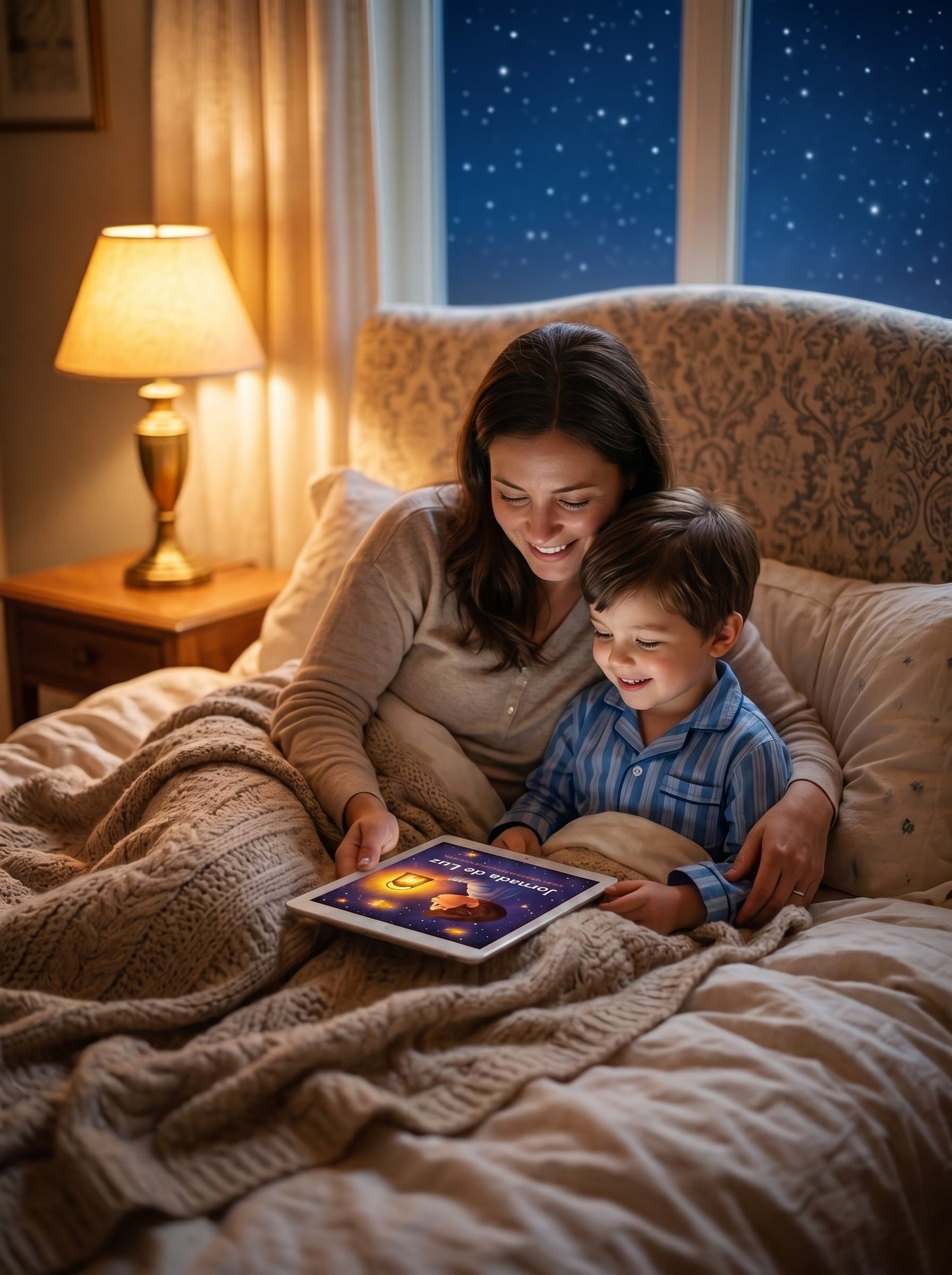 Mãe e filho compartilhando um momento juntos antes de dormir
